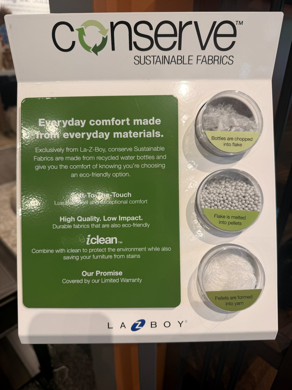 La-Z-Boy Conserve sustainable fabrics recycled-bottle display