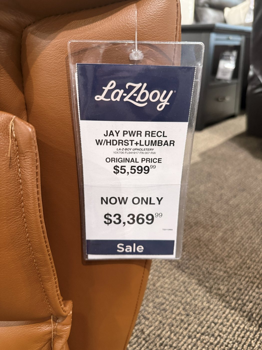 Jay recliner price tag, now $3,369.99