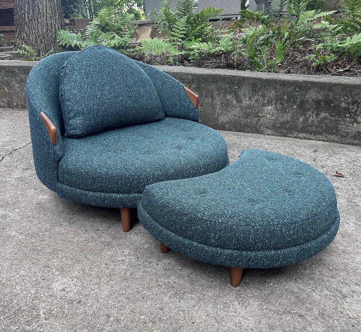 The same round chair and ottoman reupholstered in speckled teal